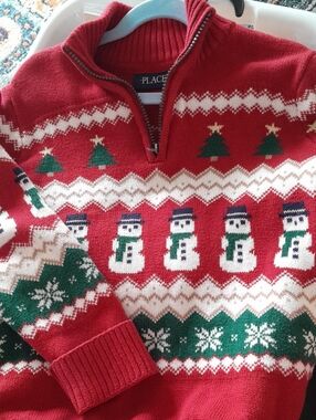 The Children's Place Red Holiday Snowman Zip-Up Sweater 7-8 Years